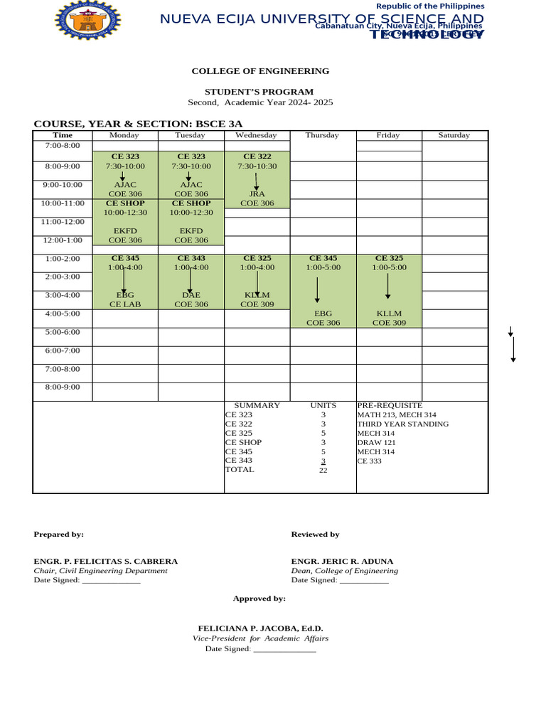 BSCE 3 Course Schedule AY 2024-2025 | PDF
