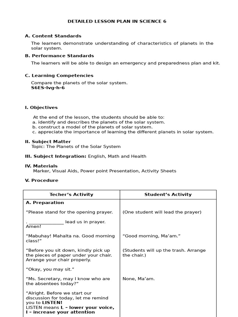 Science Lesson Plan: Solar System & Writing | PDF | Causality | Cognition