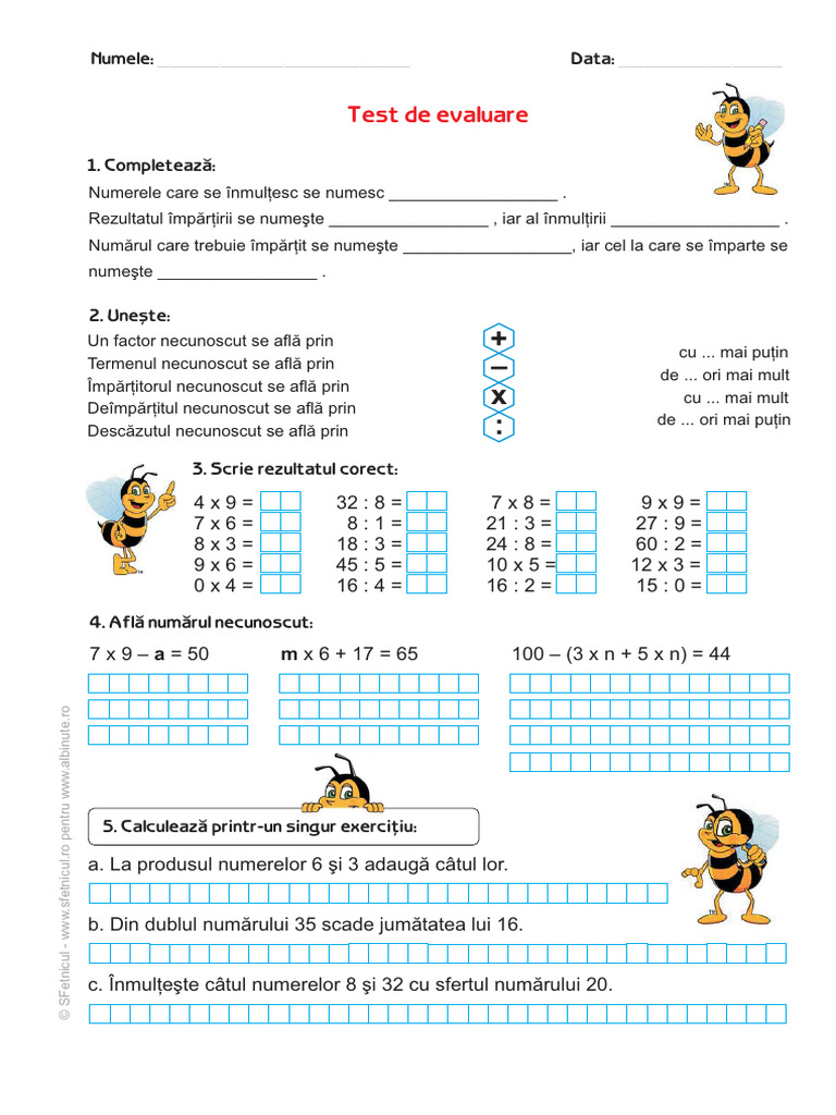 Fisa Matematica Clasa 3 Test de evaluare, matematică, clasa a III-a