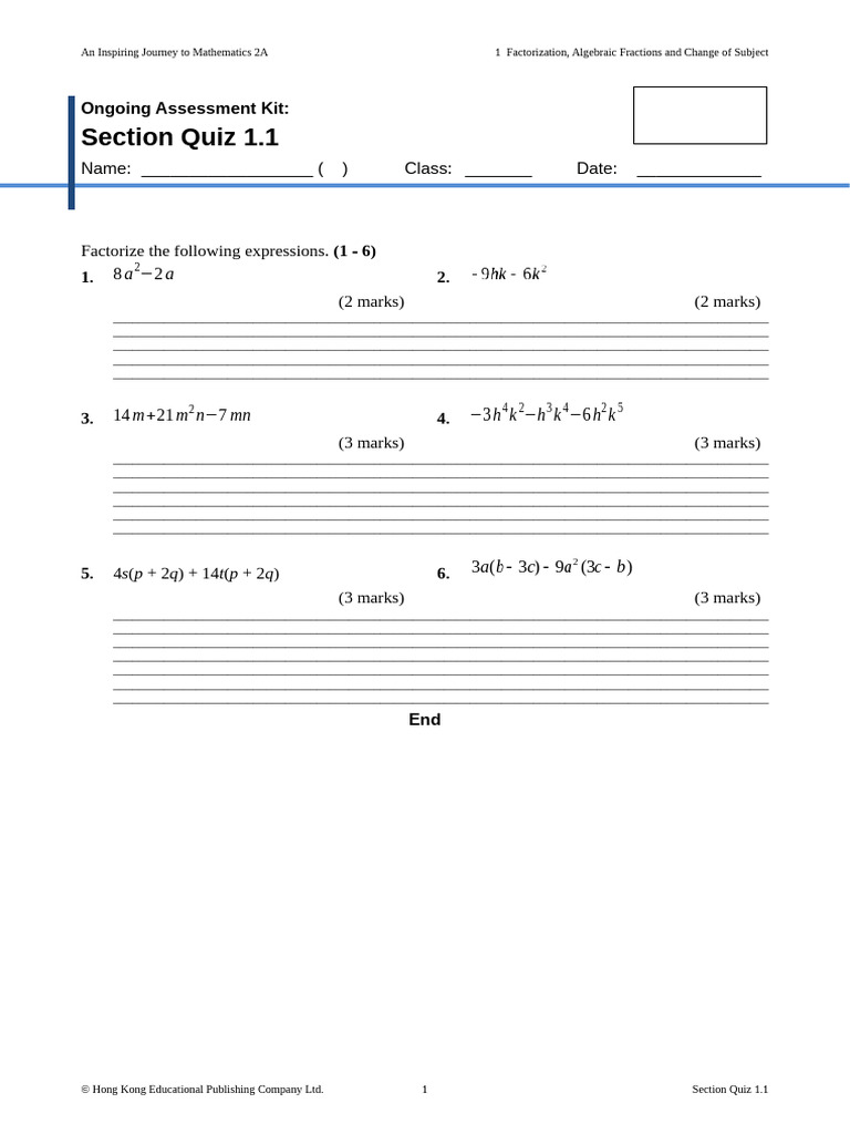 Factorization and Algebra Quiz 2A | PDF | Mathematics | Algebra