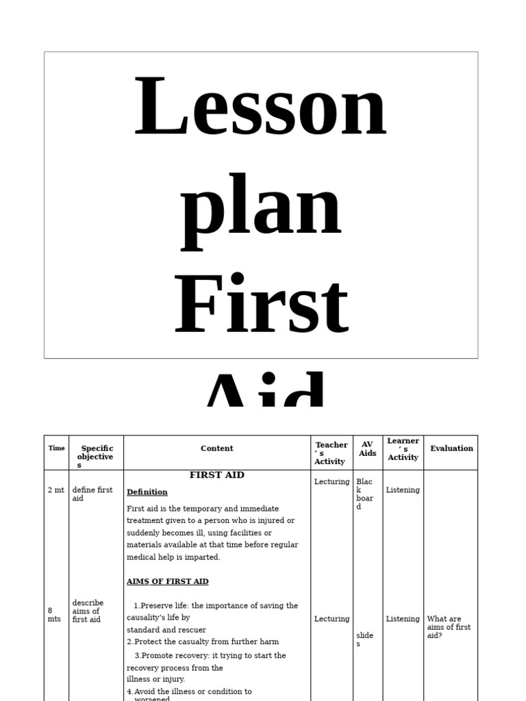 First Aid Lesson Plan Overview | PDF | First Aid