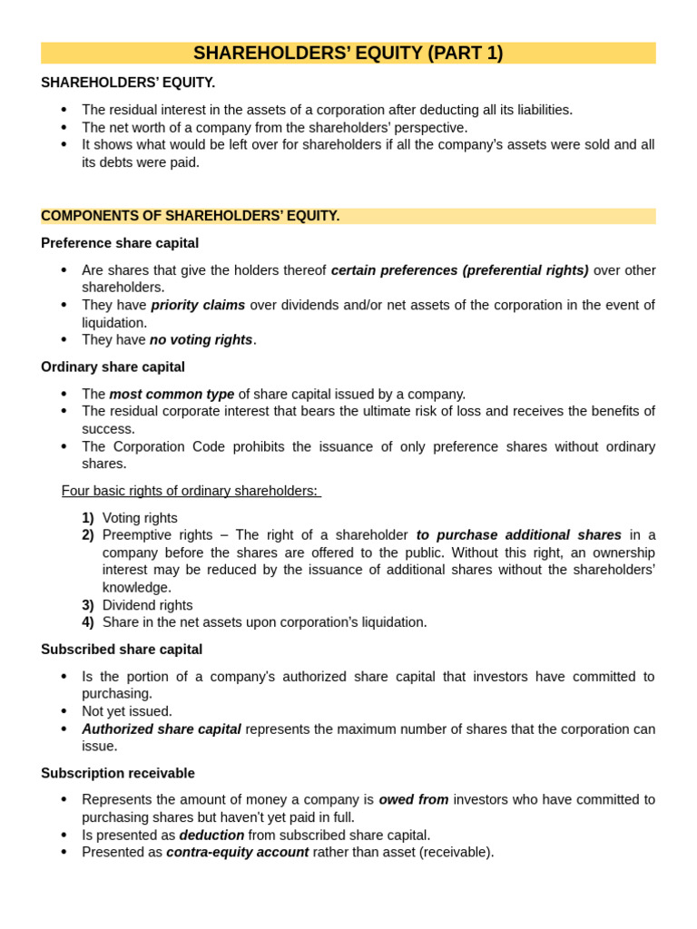 Shareholder S Equity Pdf Equity Finance Preferred Stock
