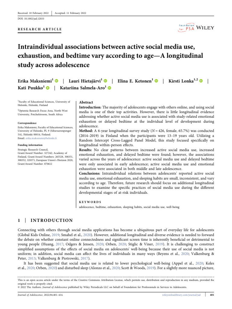 Intraindividual Associations Between Active Social | PDF | Sleep ...