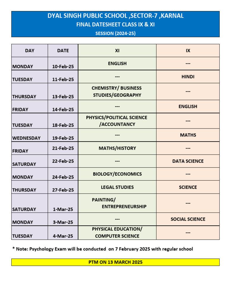 Finalterm Datesheet - Ix & Xi - 2024-25 | PDF
