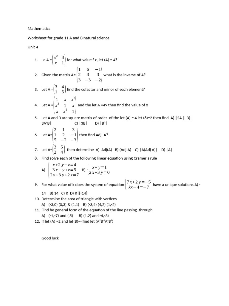 Grade 11 Mathematics Worksheet | PDF