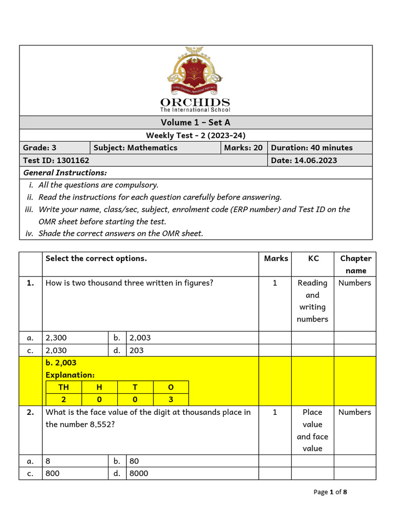 Grade 3 Mathematics Weekly Test 2 | PDF