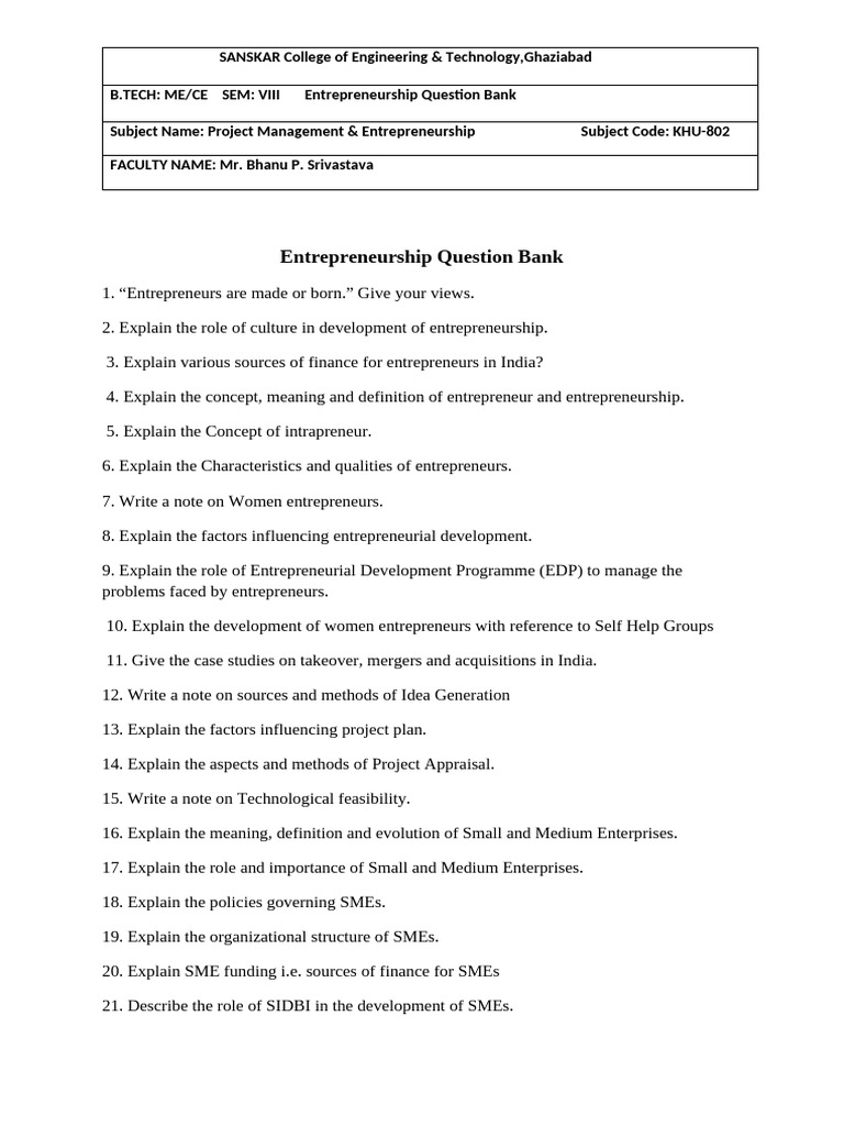 Entrepreneurship Question Bank 2024 | PDF | Entrepreneurship | Small ...