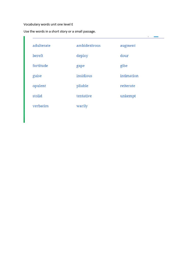 Unit E Vocabulary Words Story Pdf