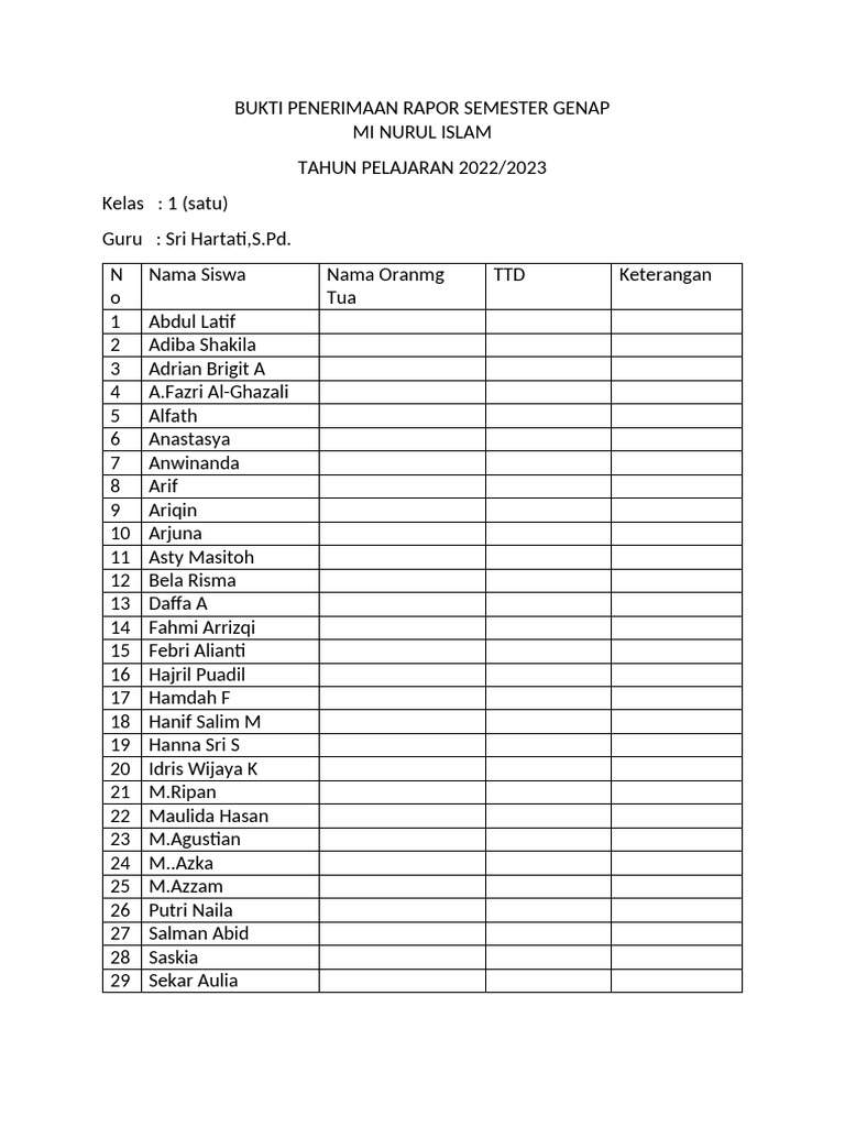 Bukti Penerimaan Rapor MI Nurul Islam | PDF