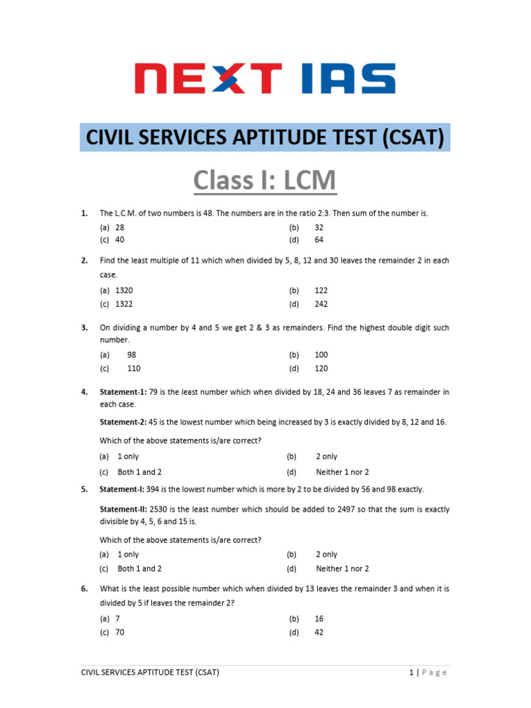 LCM Problems for Class 3 Aptitude Test | PDF | Arithmetic | Mathematics
