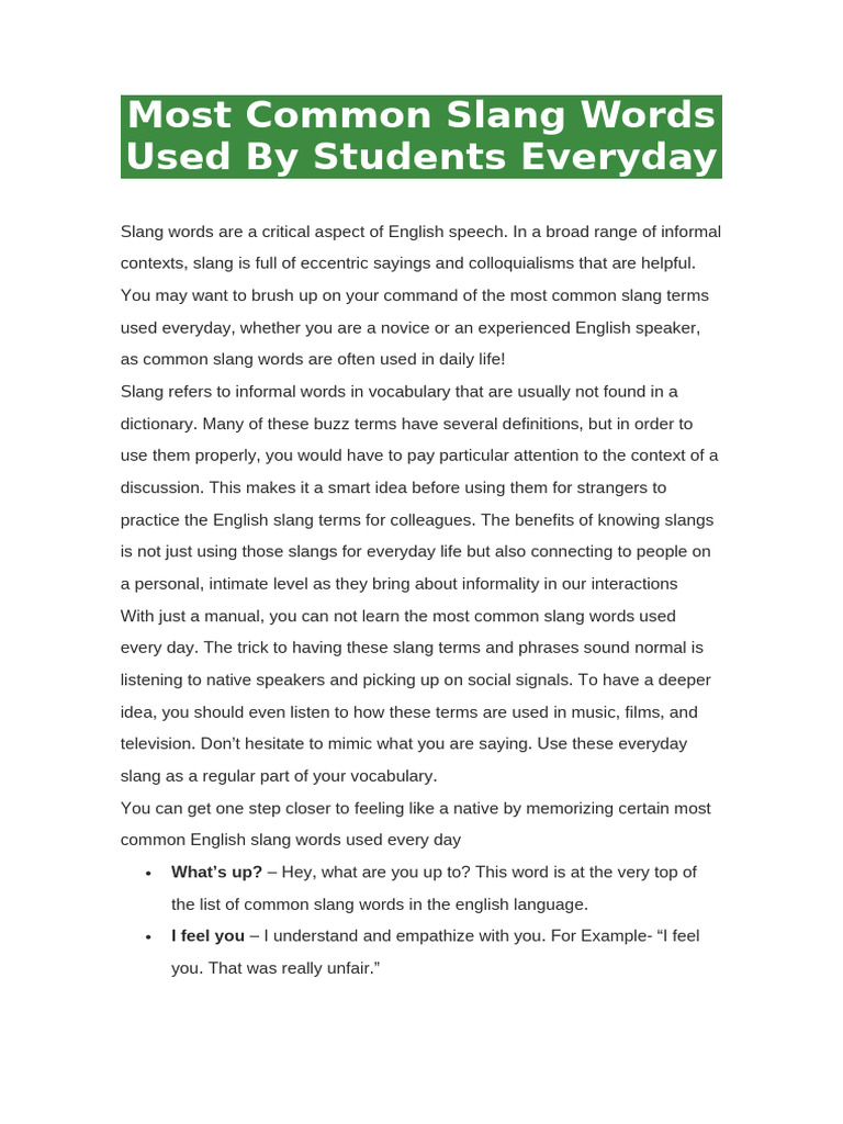 Everyday Slang Words for Students | PDF | Slang | Vocabulary