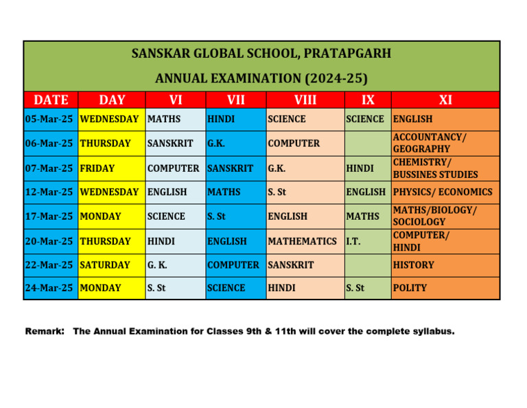 Annual Exam Schedule for Classes 9 & 11 | PDF