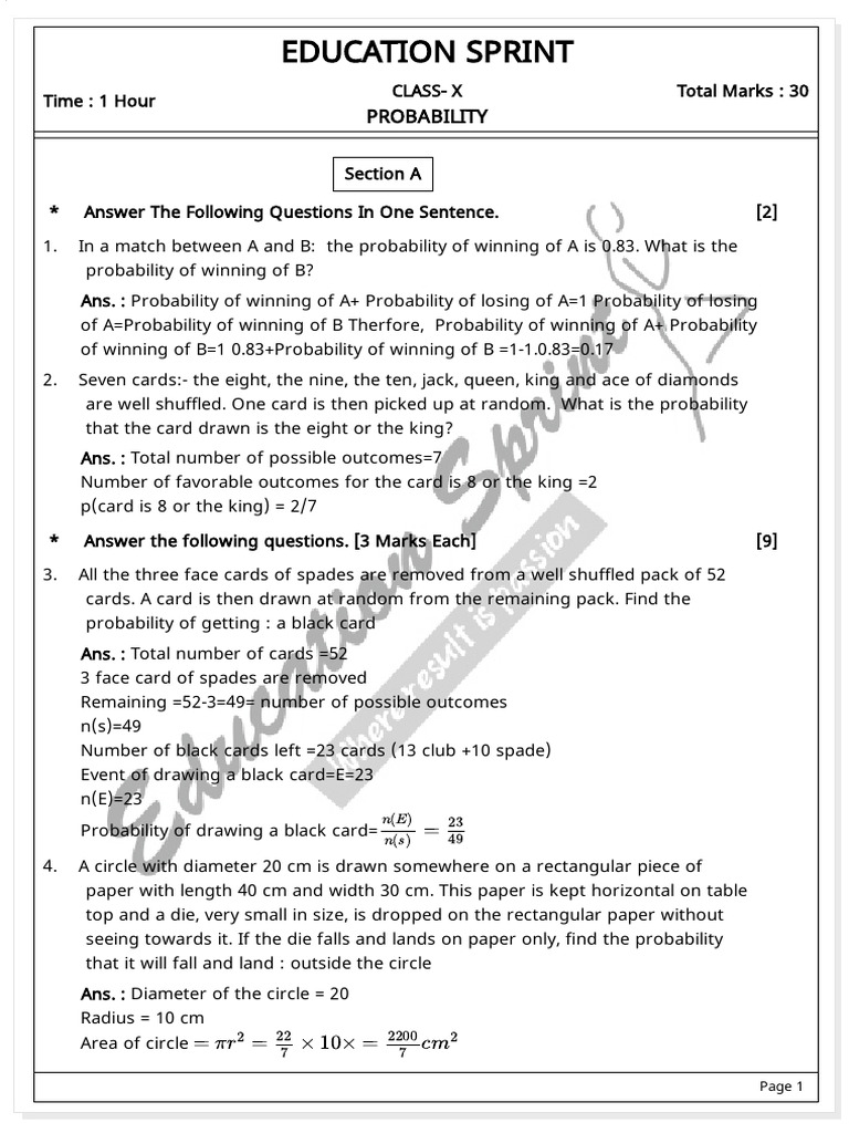 Probability Mock Test for Class X | PDF