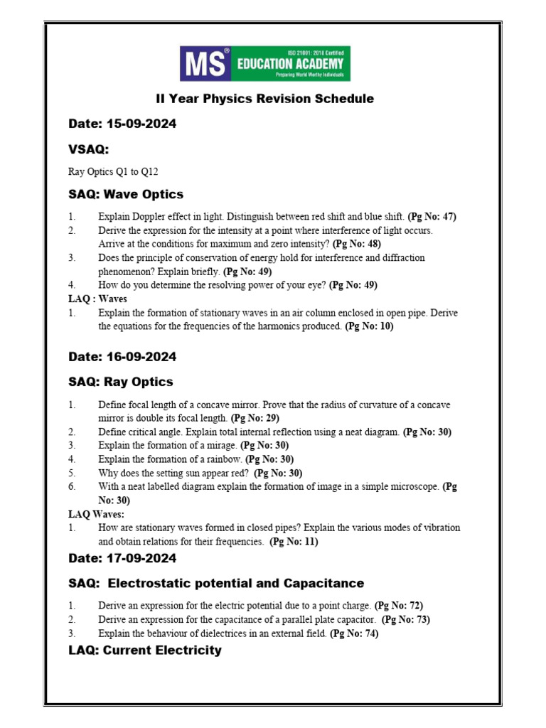II Year Physics Revision Schedule | PDF