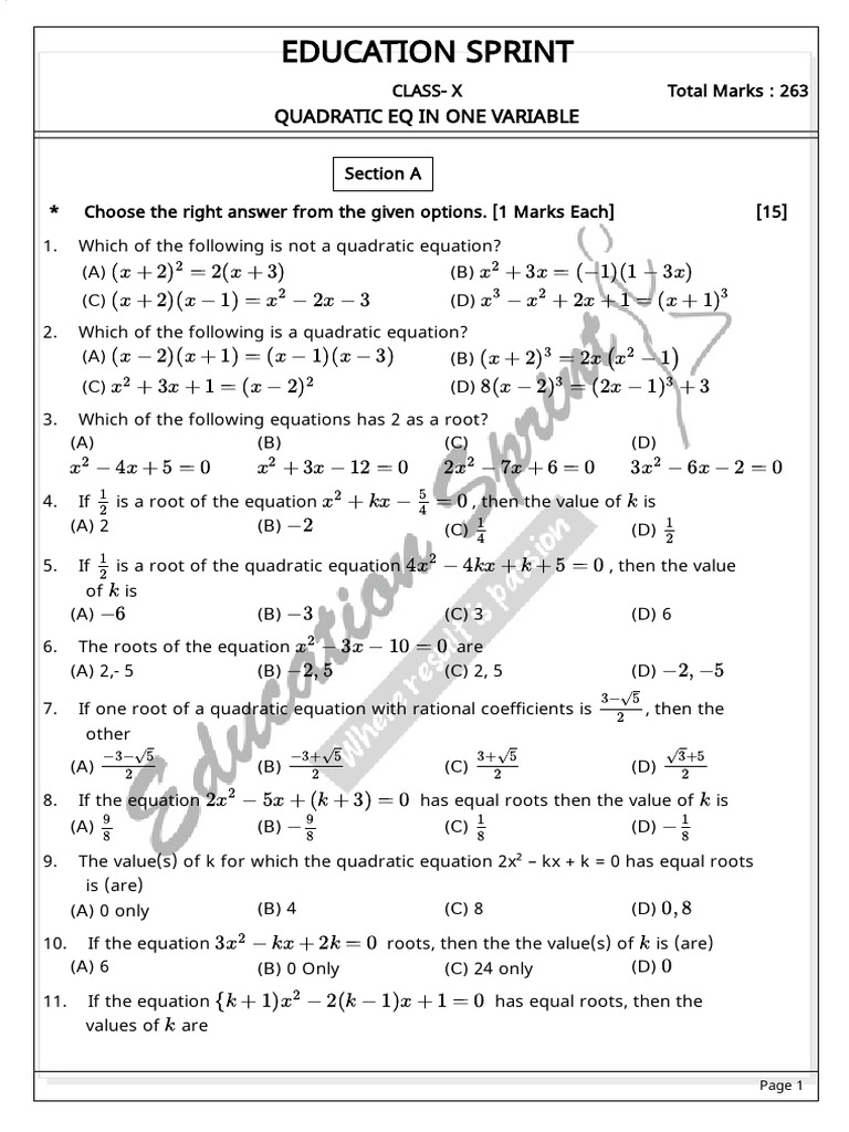 Quadratic Equation Practice Questions | PDF | Numbers | Factorization