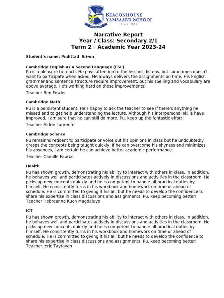 Pudittad Sri-on's Term 2 Report 2023-24 | PDF