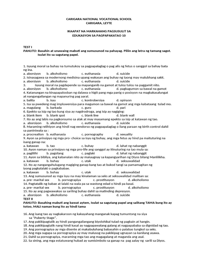 Esp 10 4TH Quarter Exam | PDF