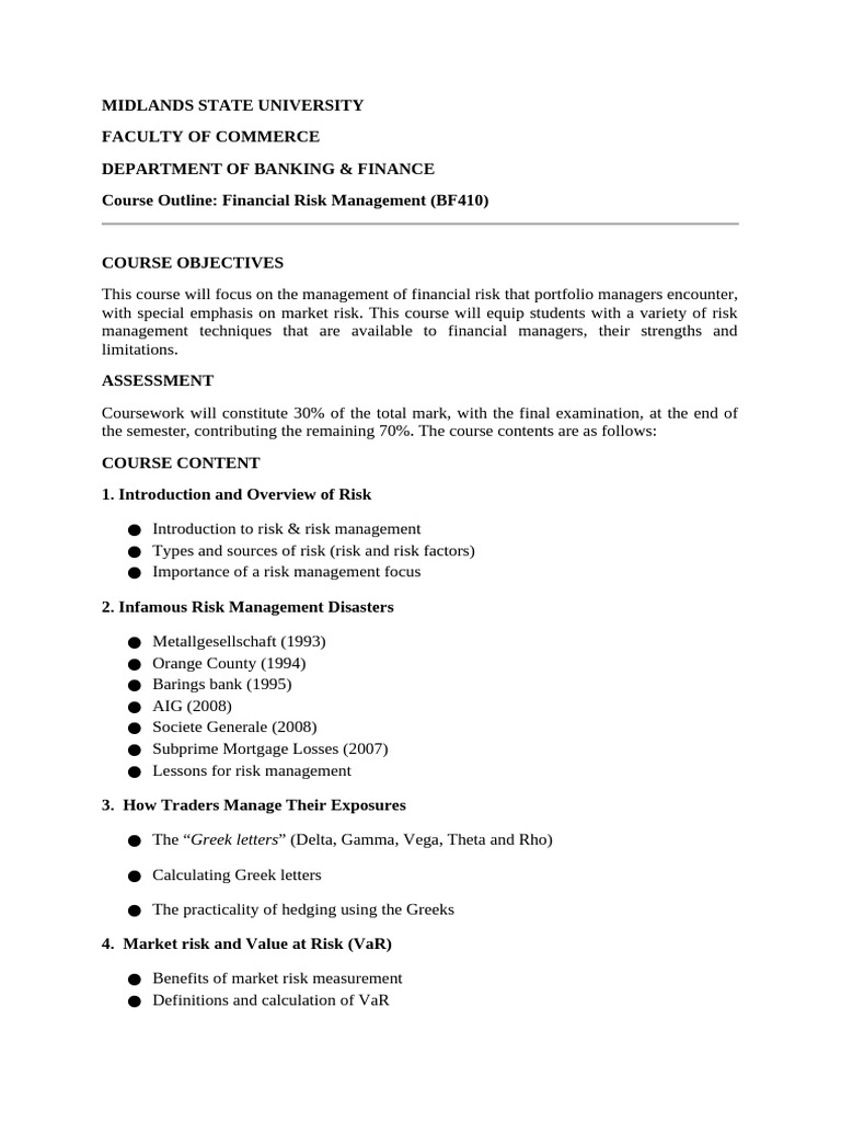 BF 410 (Financial Risk Management) Course Outline | PDF | Greeks ...