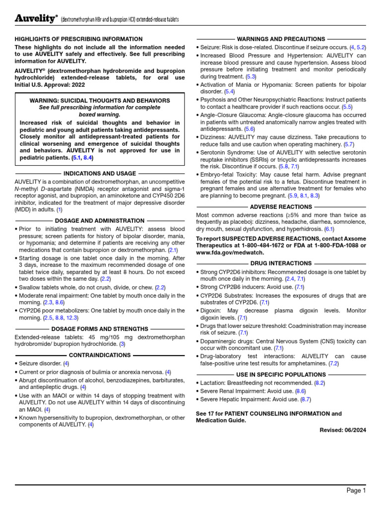 Auvelity Prescribing Information PDF Drugs Pharmacology
