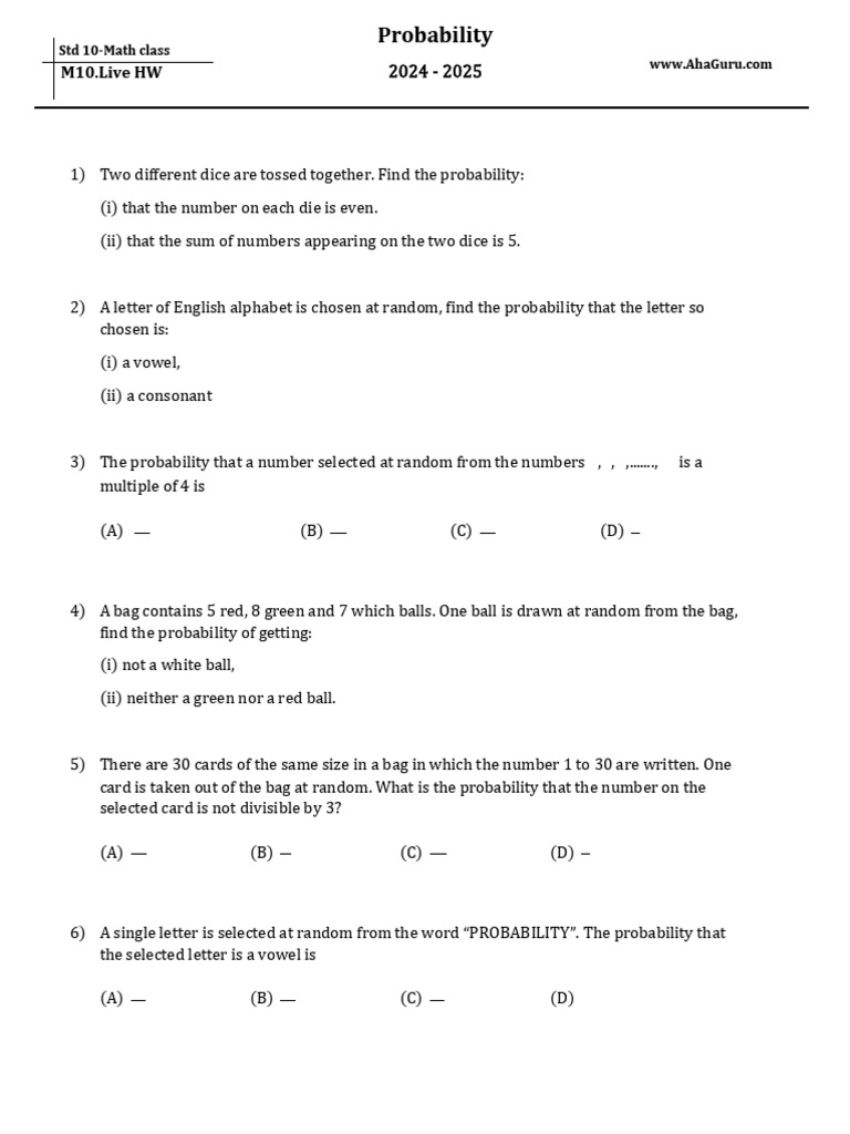 Probability Exercises for Std 10 Math | PDF | Probability | Orthography