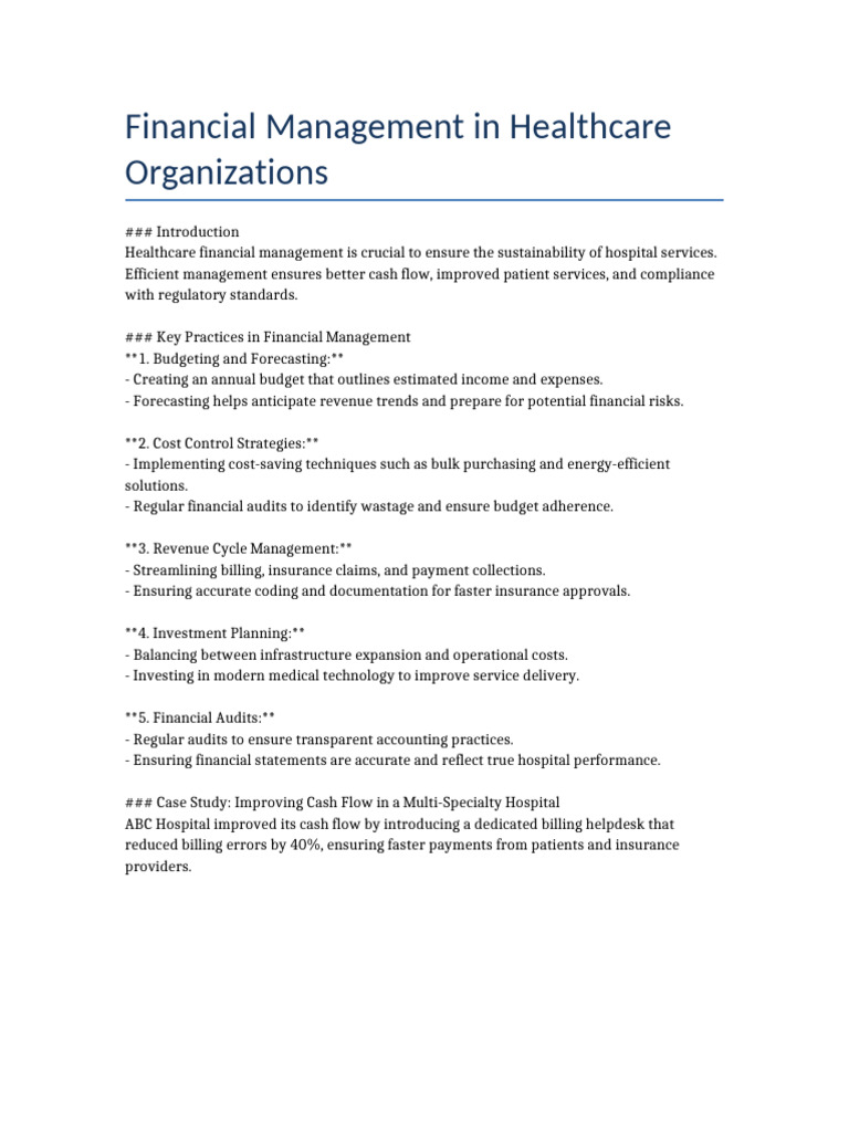 Financial Management in Healthcare Organizations | PDF