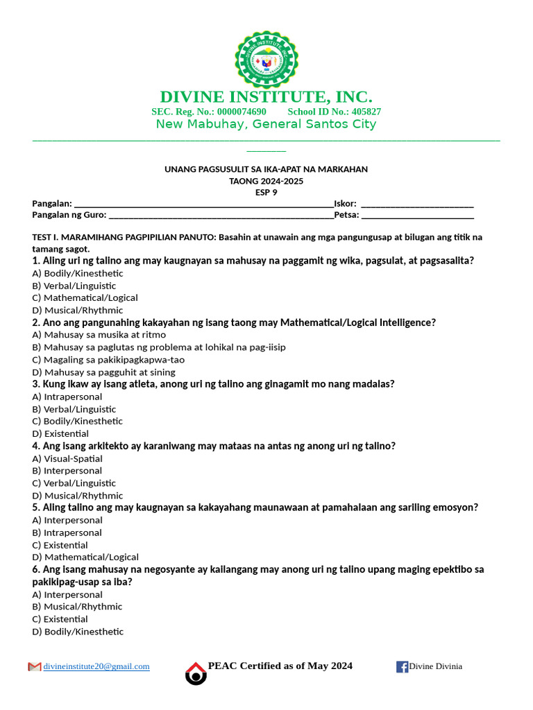 Esp 9 4TH Grading Pre-Test | PDF