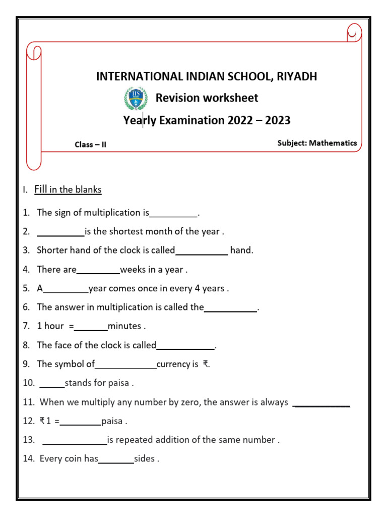 Class II Mathematics Revision Worksheet | PDF | Rupee