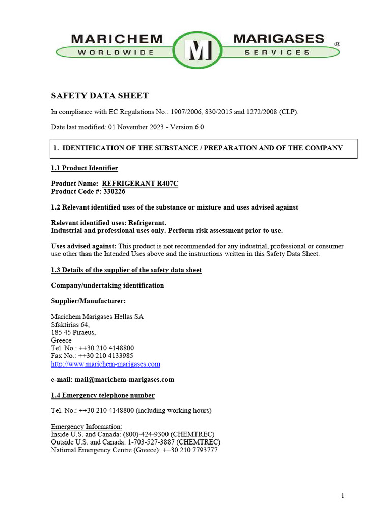 R407C Refrigerant Safety Data Sheet | PDF | Carcinogen | Dangerous Goods