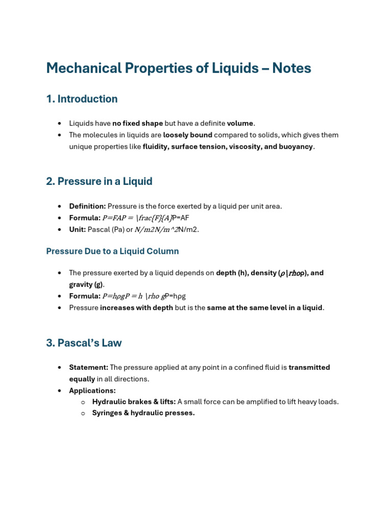 Mechanical Properties of Liquids Explained | PDF | Buoyancy | Liquids
