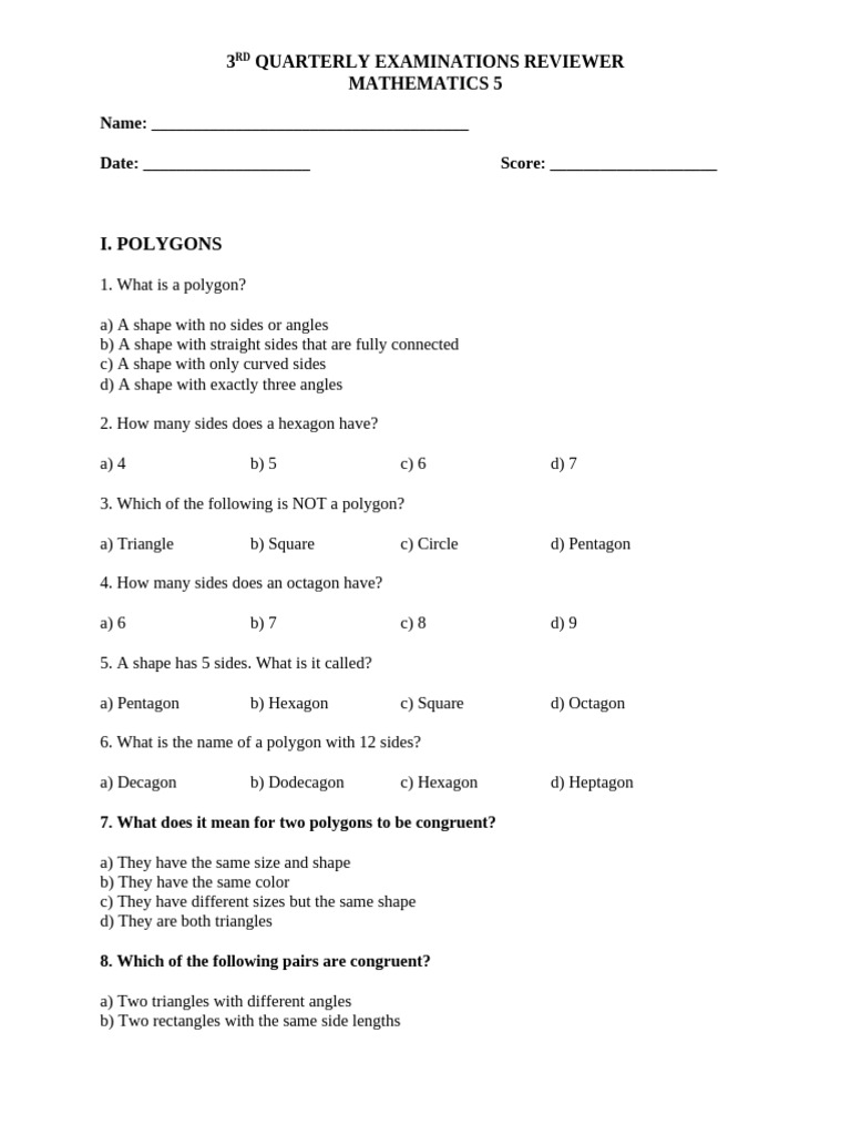 Math 5 Quarterly Exam Reviewer | PDF | Shape | Rectangle