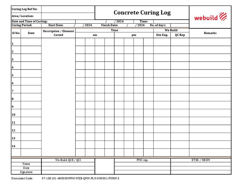 Concrete Curing Log Format | PDF