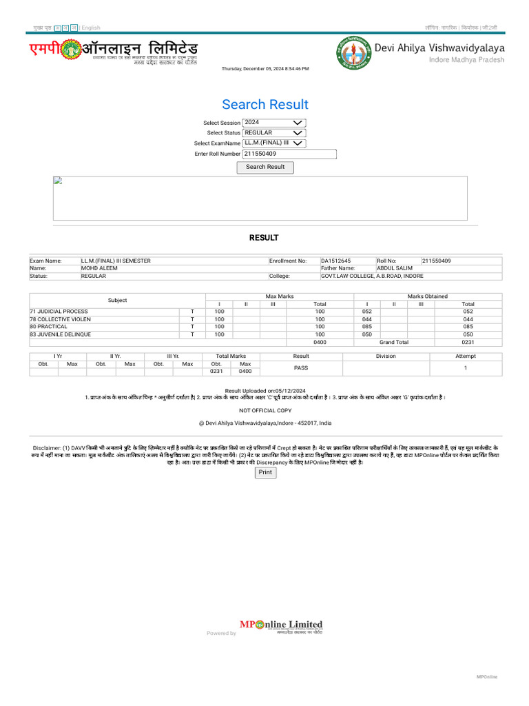 DAVV Result - LLM Result 3 RD Sem 5 - 12 - 24 | PDF