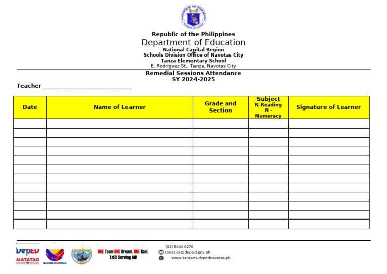 Tanza Elementary Remedial Attendance Form | PDF