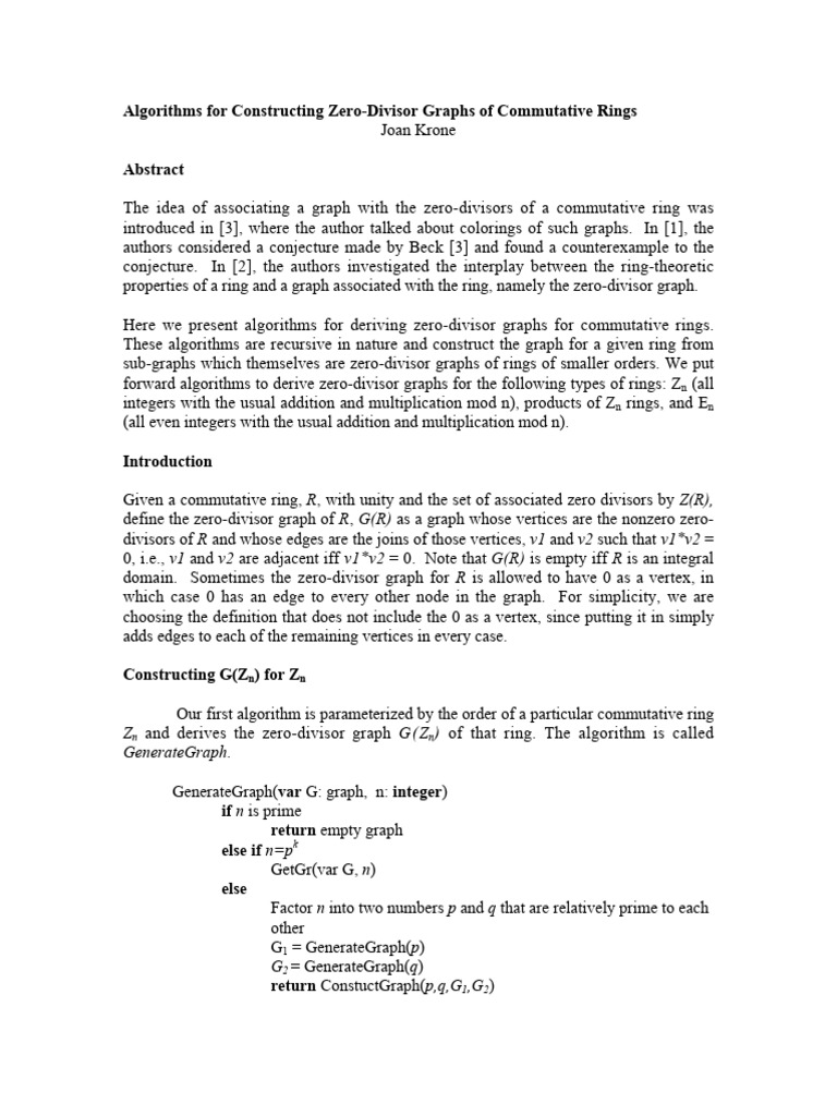Algorithms for Zero-Divisor Graphs | PDF | Factorization | Ring ...