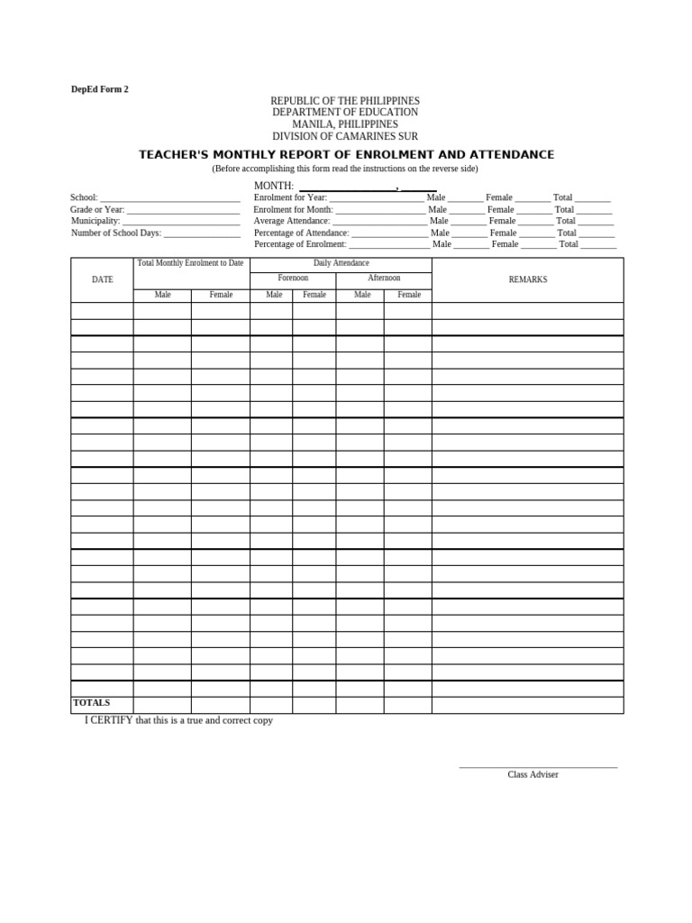 DepEd Form 2: Monthly Attendance Report | PDF