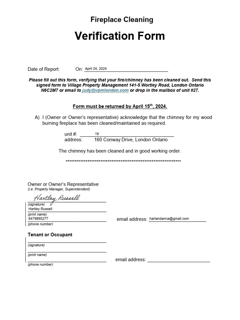 Fireplace Cleaning Verification Form | PDF