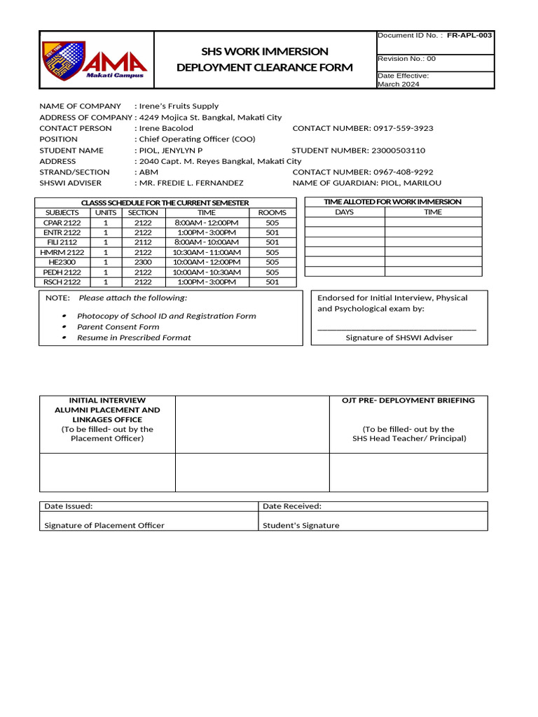 OJT Deployment Clearance Form Template | PDF