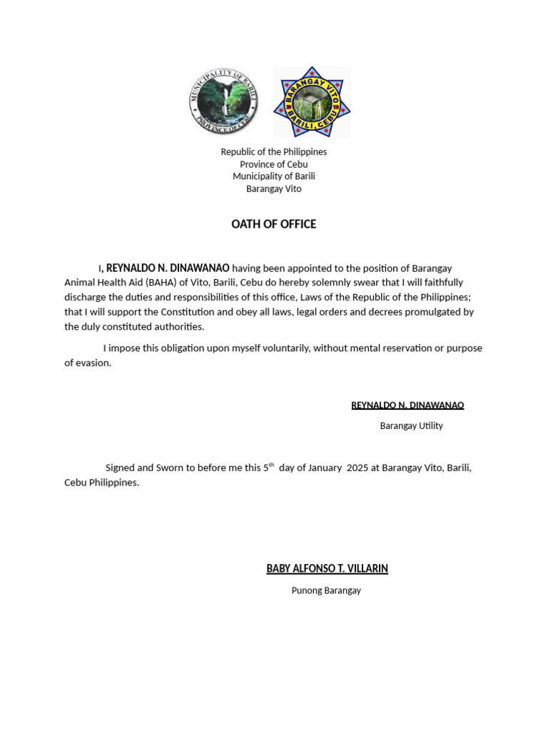 Oath of Office for Barangay Animal Health Aid | PDF