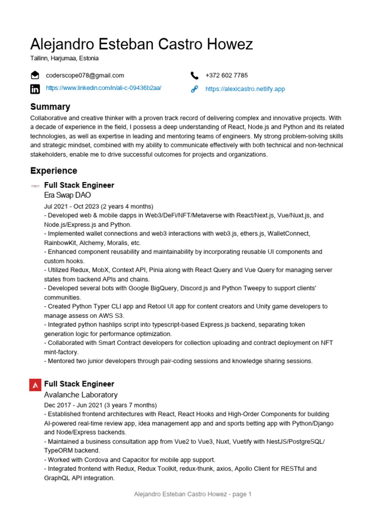 Alejandro Esteban Castro's Profile | PDF | Angular Js | Java Script