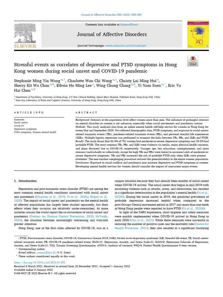 Stressful Events As Correlates of Depressive and PTSD Sym - 2022 ...