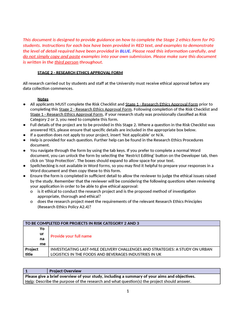 PG Dissertation Ethics Stage 2 Form With Guidance Notes | PDF ...