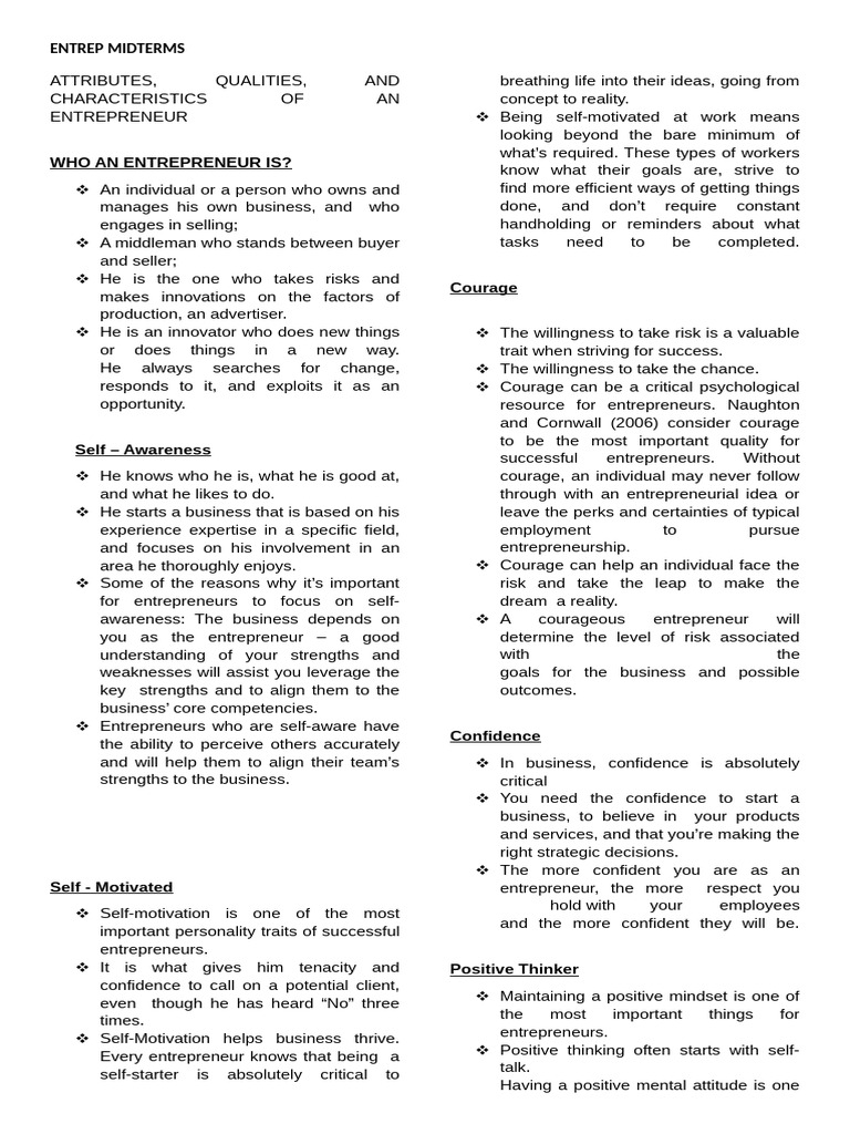 Entrepreneur Attributes and Traits Guide | PDF | Entrepreneurship ...