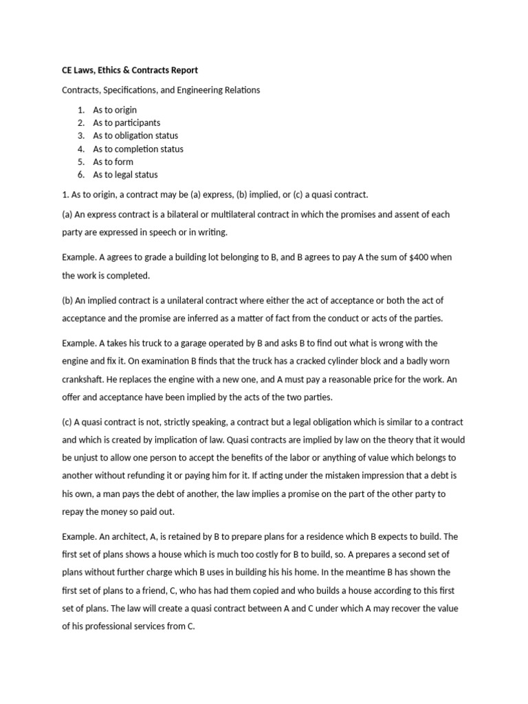 CE Laws: Contracts & Ethics Overview | PDF | Joint And Several ...