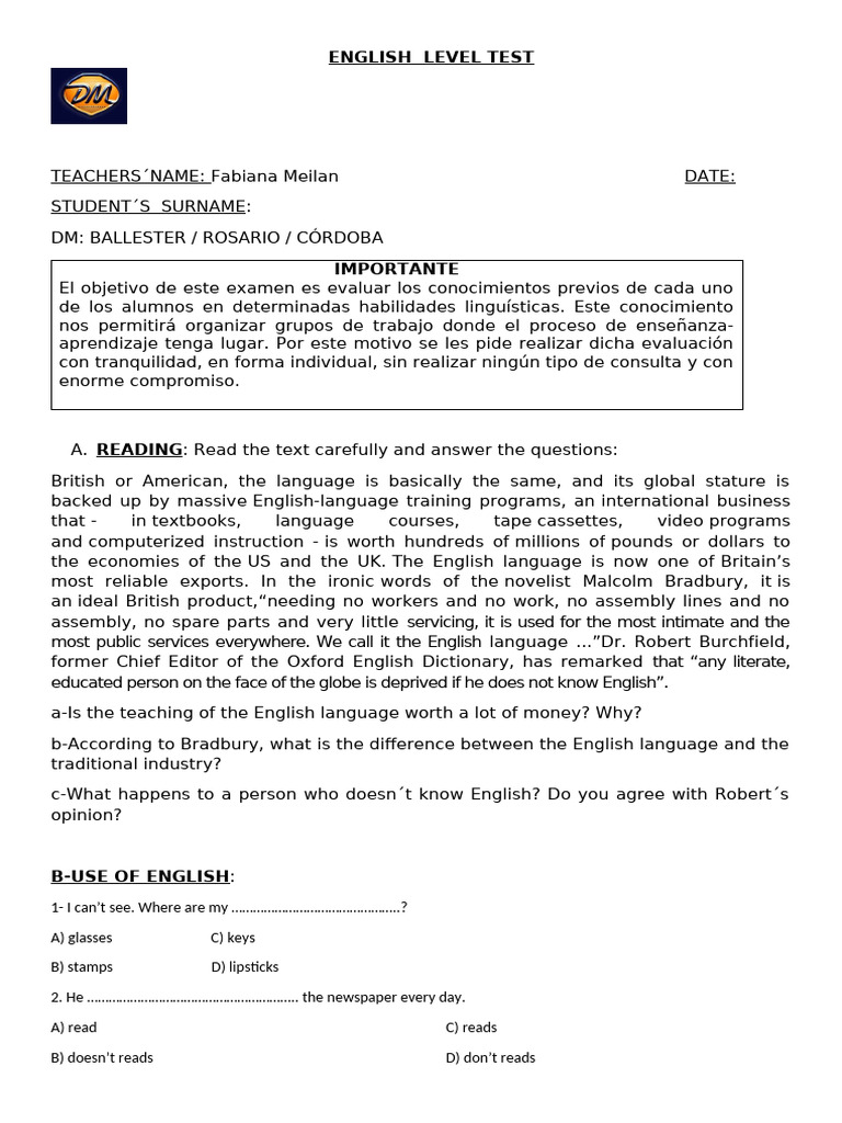 English Level Test for Students | PDF