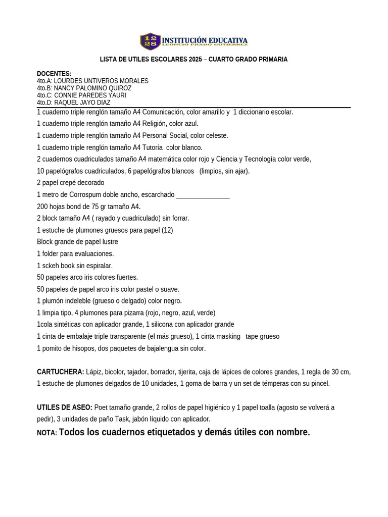 Lista de Útiles 2025 - Cuarto Grado | PDF