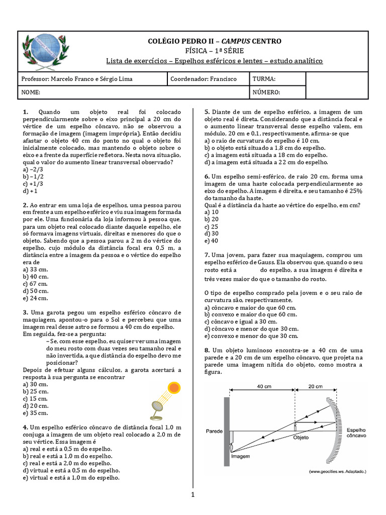 Exercícios sobre Espelhos e Lentes | PDF | Espelho | Ótica