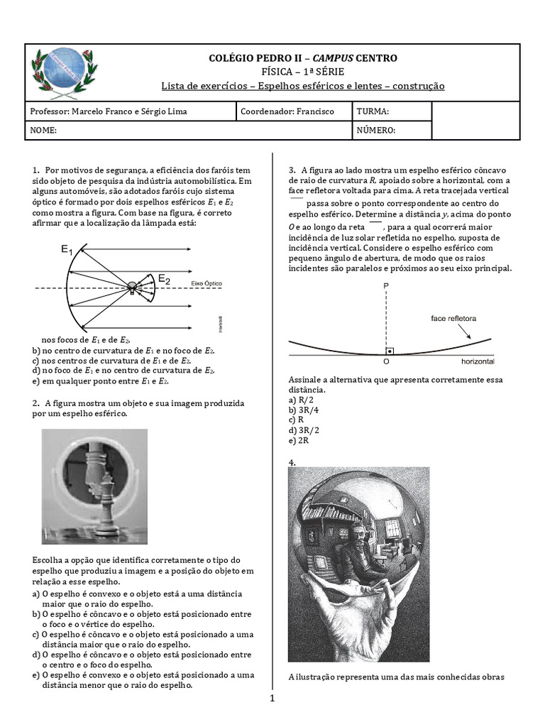 14 - 1º Ano - Lista de Exercícios - Espelhos Esféricos e Lentes ...