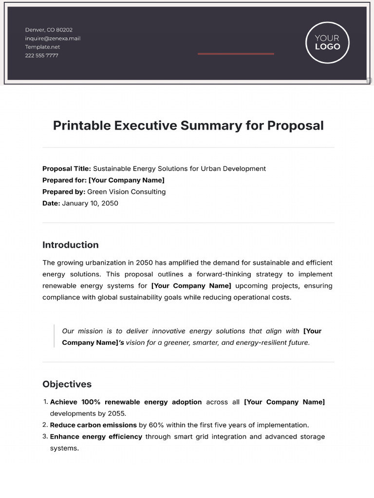 Printable Executive Summary For Proposal Template | PDF