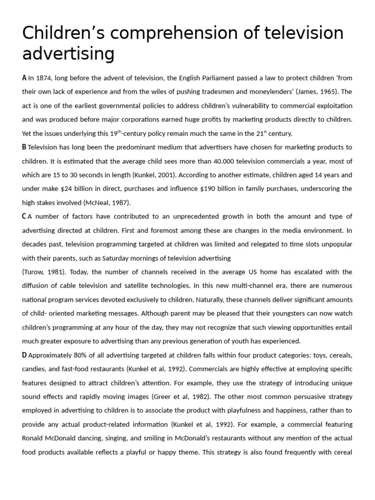 Children's Comprehension of TV Ads | PDF | Advertising | Television ...