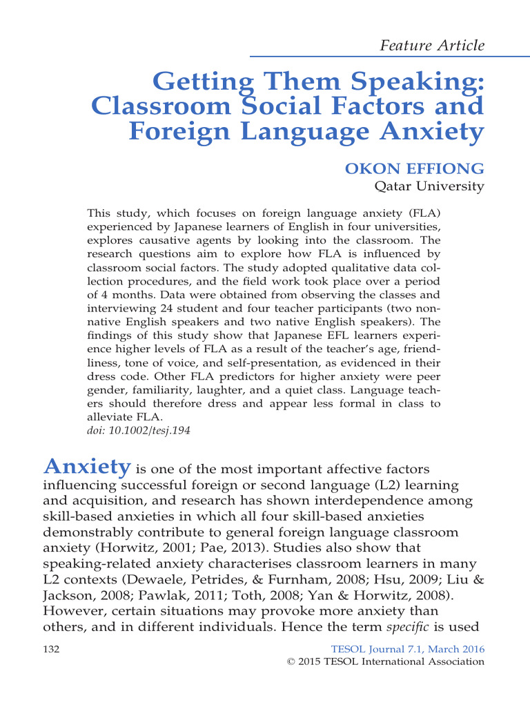 Classroom Factors Influencing FLA | PDF | English As A Second Or ...